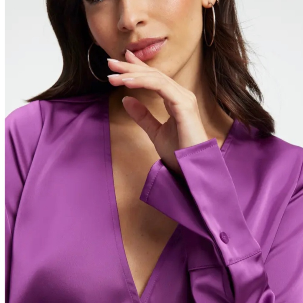 Nwt Good American Long Sleeve Stretch Satin Faux Wrap Top - Picture 4 of 6